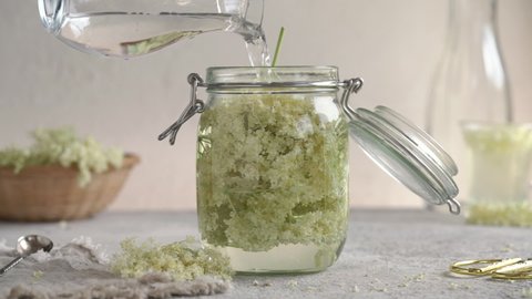 Preparation of elder flower syrup - pouring water into a glass jar filled with fresh blossoms