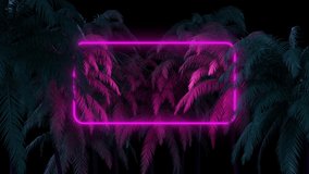 Neon Glowing Rectangle Frame Appears In The Tropical Forest on a Black Background. 80s Style Retrowave Background. 3D Zooming Out Animation. 4K - Powered by Shutterstock - Get 15% off with code: PIKWIZARD15