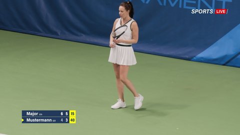 Sports TV Female Tennis Match on Championship. Female Tennis Player Hitting Ball with a racquet, Playing Professionally on Tournament. Live Network Channel Television. 50 FPS Playback Wide Shot