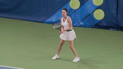Sports TV Broadcast of Female Tennis Championship Match with Score. Professional Woman Athlete Compete, Lands Perfect Shot, wins Game. Network Channel Television Playback