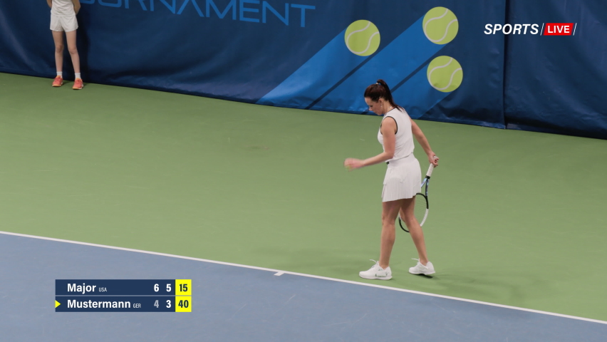 Sports TV Female Tennis Match on Championship. Female Tennis Player Serving Ball with a racquet, Playing Professionally on Tournament. Live Network Channel Television. 50 FPS Playback High Angle Shot Royalty-Free Stock Footage #1090563793