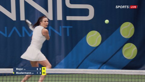 Sports TV Female Tennis Match on Championship. Female Tennis Player Serving Ball with a racquet, Playing Professionally and Competitively on Tournament. Network Channel Television. 50 FPS Playback