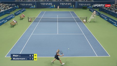 Sports TV Broadcast of Female Tennis Championship Match with Score. Two Professional Women Athletes Compete, Hits Net, Fault Shot. Network Channel Television Playback With Audience. High Angle Static
