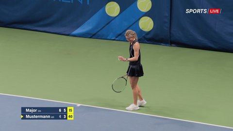 Sports TV Female Tennis Match on Championship. Female Tennis Player Serving Ball with a racquet, Playing Professionally on Tournament. Live Network Channel Television. 50 FPS Playback High Angle Shot