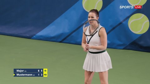 Sports TV Female Tennis Match on Championship. Female Tennis Player Hitting Ball with a racquet, Playing Professionally on Tournament. Live Network Channel Television. 50 FPS Playback Wide Shot
