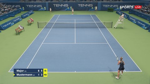 Sports TV Broadcast of Female Tennis Championship Match with Score. Two Professional Women Athletes Compete on a Tournament. Network Channel Television Playback With Audience. High Angle Static Shot