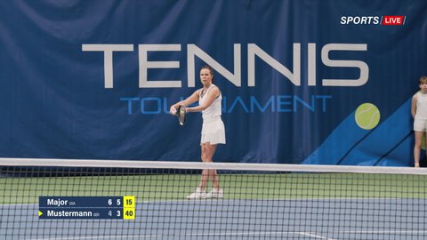 Tennis Championship Match Sports TV Broadcast. Female Tennis Player Serving Ball with a racquet, Playing Professionally on Tournament. Sports Channel Network Television Broadcasting. 50 FPS Playback
