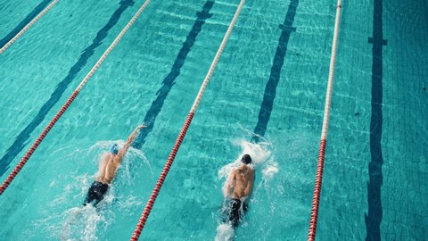 Swim Race: Two Professional Swimmers Compete in Swimming Pool, Stronger and Faster Winner Decided. Athletes Compete the Best Wins Championship. Slow Motion with Stylish Colors, Wide Aerial View