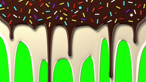 Chocolate and milk icing with sprinkles drips on green screen and transparent background. Liquid flowing down the surface in streams, melting streaks. 3D animation. Alpha channel ProRes 4444 in 4k UHD
