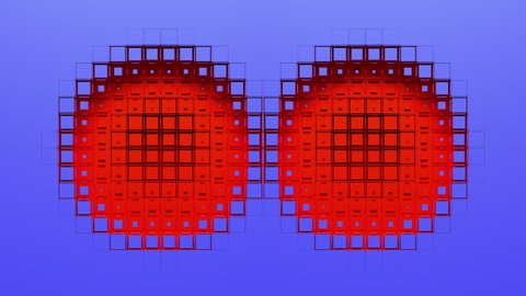 Red voxels on blue screen form two circular holes, reveal green chroma key and transparent background. Abstract 3D animated intro. Alpha channel ProRes 4444 in 4k UHD included, color id.