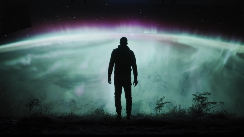 Silhouette Of A Man Healing Earth Using Futuristic Technologies Exploring Space The Great Reset Environment Red Epic 8k