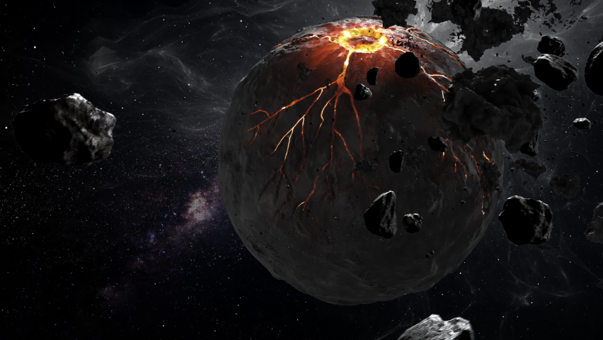 Dead Planet in the galaxy with asteroids flying close
3D rendering of deep space with dying star with lava and asteroids surrounding

 Royalty-Free Stock Footage #1090566669