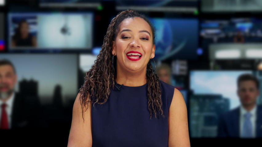 TV Live News Program with Professional Female Presenter Reporting. Television Cable Channel Anchorwoman Talks, Business, Economy, Entertainment. Mockup Network Broadcasting Playback in Newsroom Studio