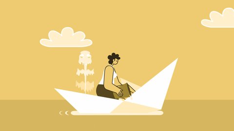 Yellow Style Woman Flat Character Bail Water Out Water from Sinking Paper Boat. Isolated Loop Animation