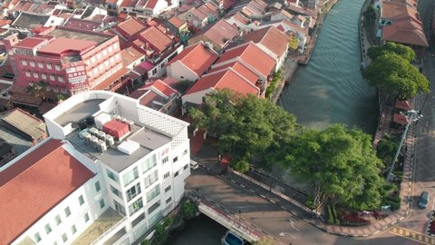 Aerial view of Malacca from drone, Malaysia. Melaka colorful homes on a beautiful day
