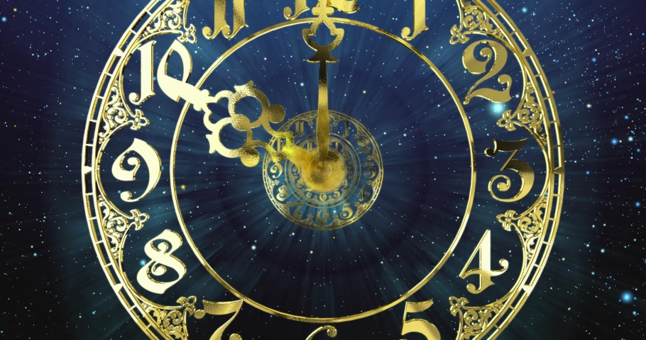 Classic gold dial endlessly moving towards the camera.The arrows describe a full circle . It symbolizes the infinity of time. Against the background of space and stars. 3D render Royalty-Free Stock Footage #1090568965
