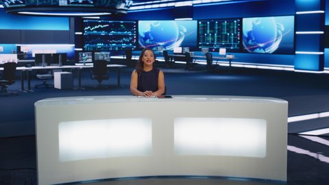 Mock-up Television Channel with Live TV News. Anchorwoman Leads Segment with Diverse Team of Anchors, Talking with Experts, Reporting. Program Broadcast Channel Playback. Split Screen Montage