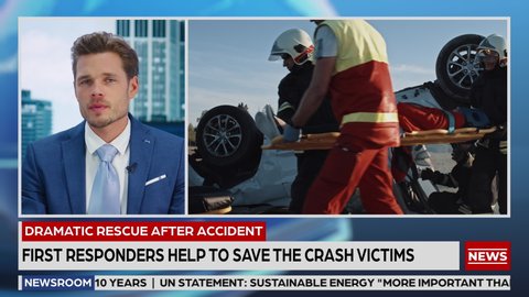 Breaking TV News Live Report: Anchor Talks. Split Screen Montage: Rescue Team Firefighters on Fire Engine Arrive on Car Crash Traffic Accident Scene. Television Program Channel Playback. Luma Matte