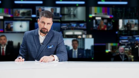 Split Screen TV News Live Report: Anchor Talks. Reportage Montage Covering: Press Conference Presentation of New High Tech Devices, AI Smartphone. Television Program Channel Playback. Luma Matte 

