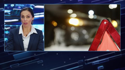 Split Screen TV News Live Report: Anchor Talks. Reportage Montage Covering: Car Crash, Road Traffic Accident, Stormy Winter Weather Condition. Television Program Channel Playback. Luma Matte