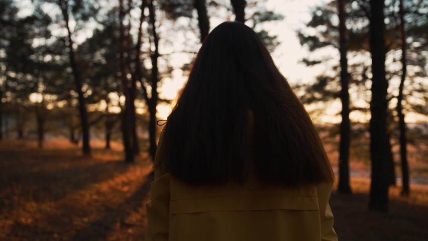 Girl walks through natural forest. Woman hiking alone. Teenager girl in nature at sunset. Fantasy of people in park in autumn. Active lifestyle. People in forest. Tourist walk in autumn forest park Royalty-Free Stock Footage #1090570667