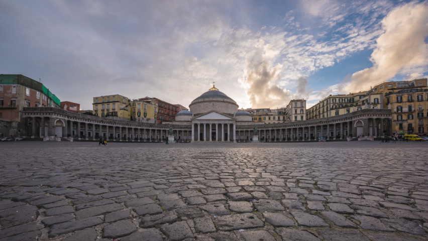 Naples, Italy from Plebiscito Square with San Francesco di Paola at dusk. Royalty-Free Stock Footage #1090571507