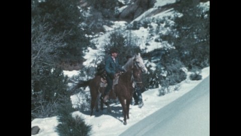 1980s: Man mounts a horse, then the two men ride up a hill with dogs. Cougar watches from a rock. Cougar walks along a ridge and pauses to watch over a cliff.