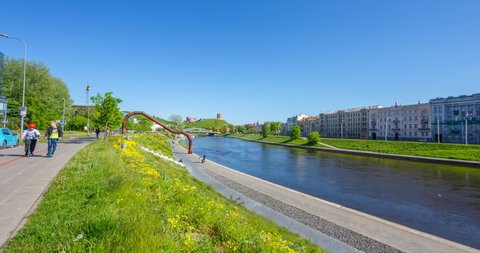 City center in Vilnius, Lithuania at spring, Neris river, 4K panning timelapse