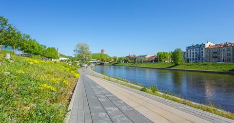 City center in Vilnius, Lithuania at spring, Neris river, 4K panning timelapse