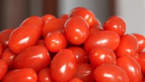Close-up view 4k stock video footage of tasty fresh juicy small oblong organic tomato cherry vegetables isolated on blurry background. Food abstract video background