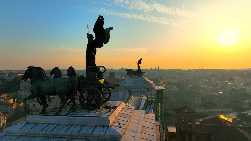 Piazza Venezia, view from Vittoriano (The Altare della Patria). Panorama of Rome. Italian flags. Statue of Victor Emmanuel II, Vittorio Emanuele