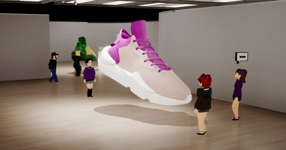 People playing as avatars in virtual reality metaverse shop, discussing new sneaker model during the presentation. Fashion retail concept, sport gamification. Generic 3d rendering Royalty-Free Stock Footage #1090579973