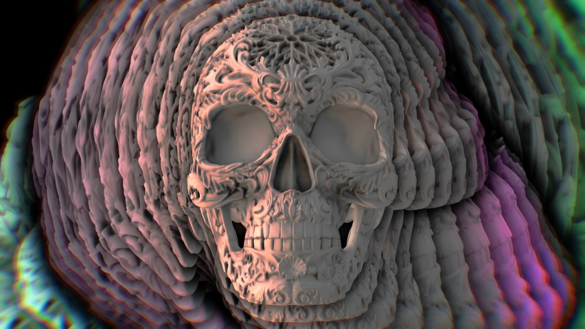 Carved white ceramic skull spinning with echo effect. Seamless animation background. Royalty-Free Stock Footage #1090580387