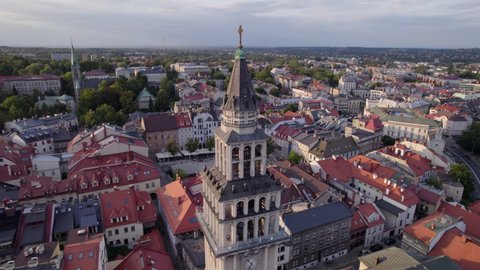 Bielsko-Biala, Poland - 06.07.2021: Bielsko-Biala from a drone on a sunny day. Town Hall and the characteristic buildings in the city.
