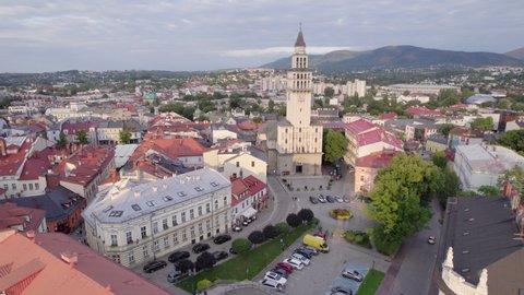 Bielsko-Biala, Poland - 06.07.2021: Bielsko-Biala from a drone on a sunny day. Town Hall and the characteristic buildings in the city.