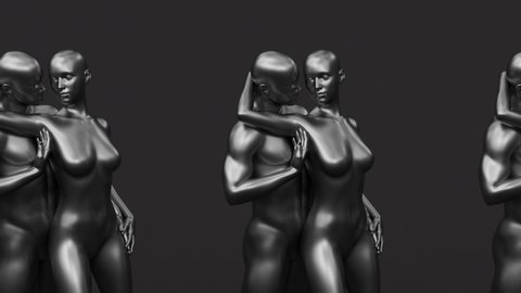 Human naked young elegant posing figure, studio 3d render modern illustration, abstract art motion design animation, fashion mannequin posture portrait, black metal romantic couple, Valentine day.
