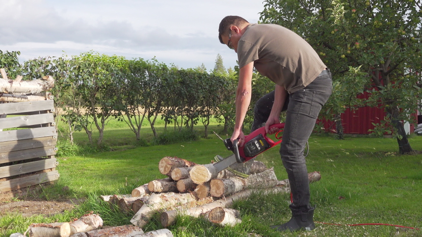 Lumberjack logger worker cuts firewood timber tree with chainsaw. Caucasian male engaged in hard work in backyard at summer evening. 