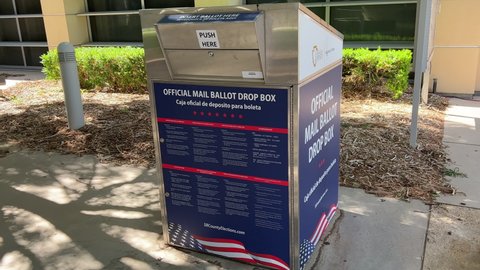 Victorville, CA, USA – May 23, 2022: An Official Mail Ballot Drop Box for San Bernardino County located in Victorville, California. 