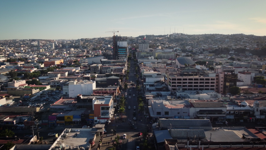 Tijuana, Baja California, Mexico - November 11th 2021: Static aerial shot of Calle Revolucion, the main boulevard in Centro Tijuana Mexico