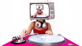 Amazing female dj with a television as a head. On the screen is the same video repeating into infinity 
