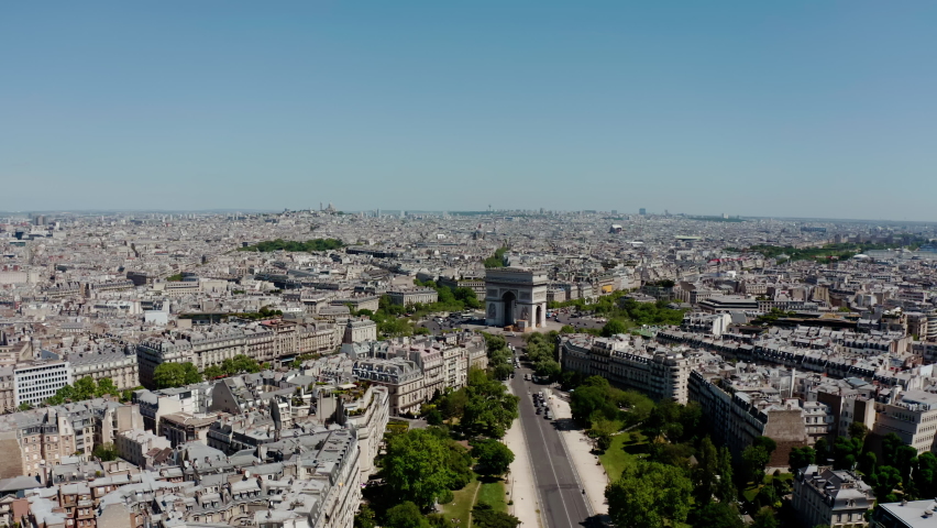 Drone Aerial view of Arc of Triumph, Paris, France. Wide shot Royalty-Free Stock Footage #1090585981