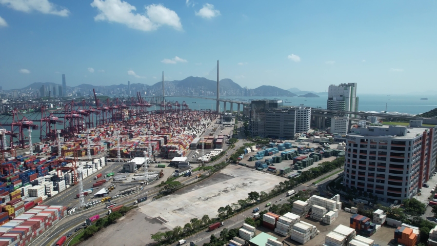 Large-scale commercial and residential in Kwai Chung Cargo Terminal of Hong Kong city, Kowloon Peninsula Victoria harbour Aerial Top view | Shutterstock HD Video #1090588247