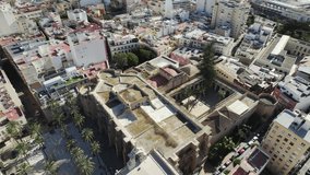 Almeria Cathedral in Spain. Aerial top-down circling