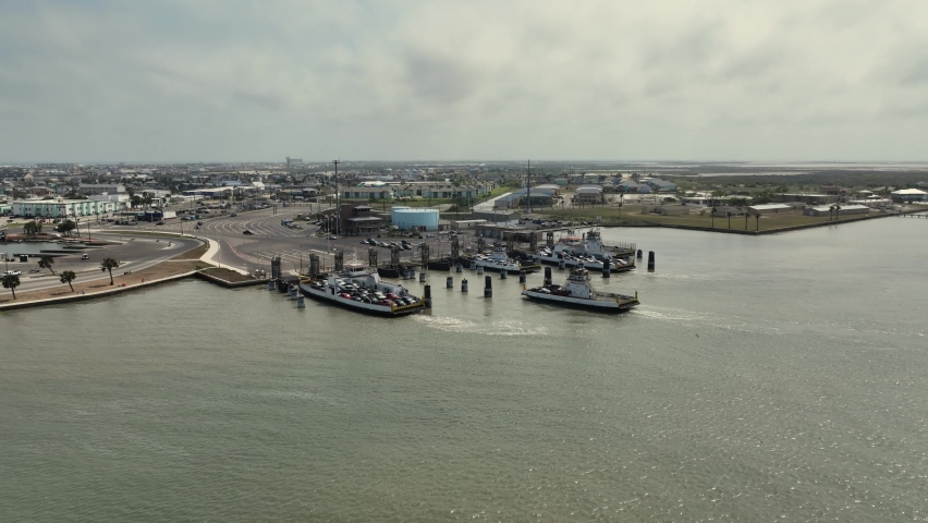 Aerial view approach of Aransas Pass Ferry heading to port with cars