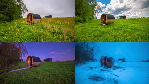 Four Seasons Spring, Summer, Autumn, And Winter. Collage Illustrations Of Nature Landscape In The Countryside With Outdoor Sauna. - Timelapse