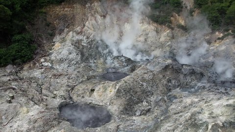 Boiling Sulphur Springs, in Soufriere, Saint Lucia. Aerial footage of fumaroles, in the world's only drive-in volcano.