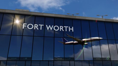 Plane landing at Fort Worth, Dallas, Texas, USA 3D rendering animation. Arrival in the city with the glass airport terminal and reflection of the jet aircraft. Travel, tourism and transport concept.