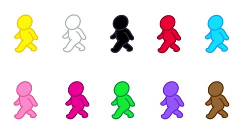 Ten color cartoon stickmen walking on multi color background. Hard color outlines version. Character animation good for business motion graphic explainer. Seamless loop isolated.