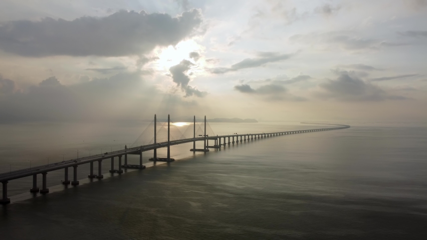 Aerial view sun ray at the Penang Second Bridge. Calm morning at seascape