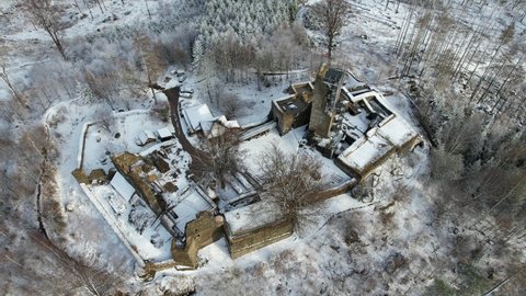 medieval Castle Orlík by Humpolec city, Vysočina-Highlands, Czech republic, Europe  aerial panorama view with a snow storm comming,white out,scenic beautiful landscape view